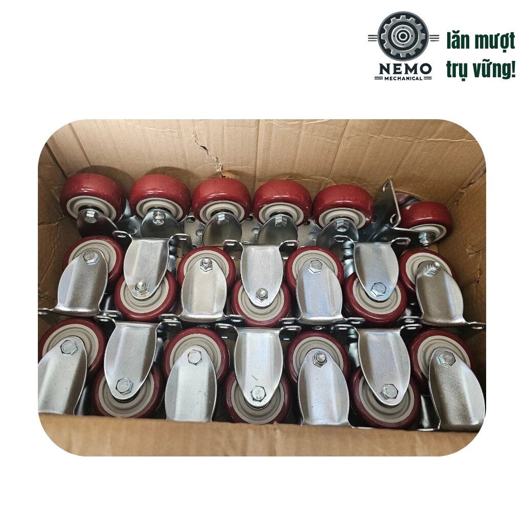 Bánh xe đẩy hàng PVC đỏ mận, mặt bích, có bạc đạn, đường kính 7cm, 10cm, 12cm, tải trọng 105-135kg